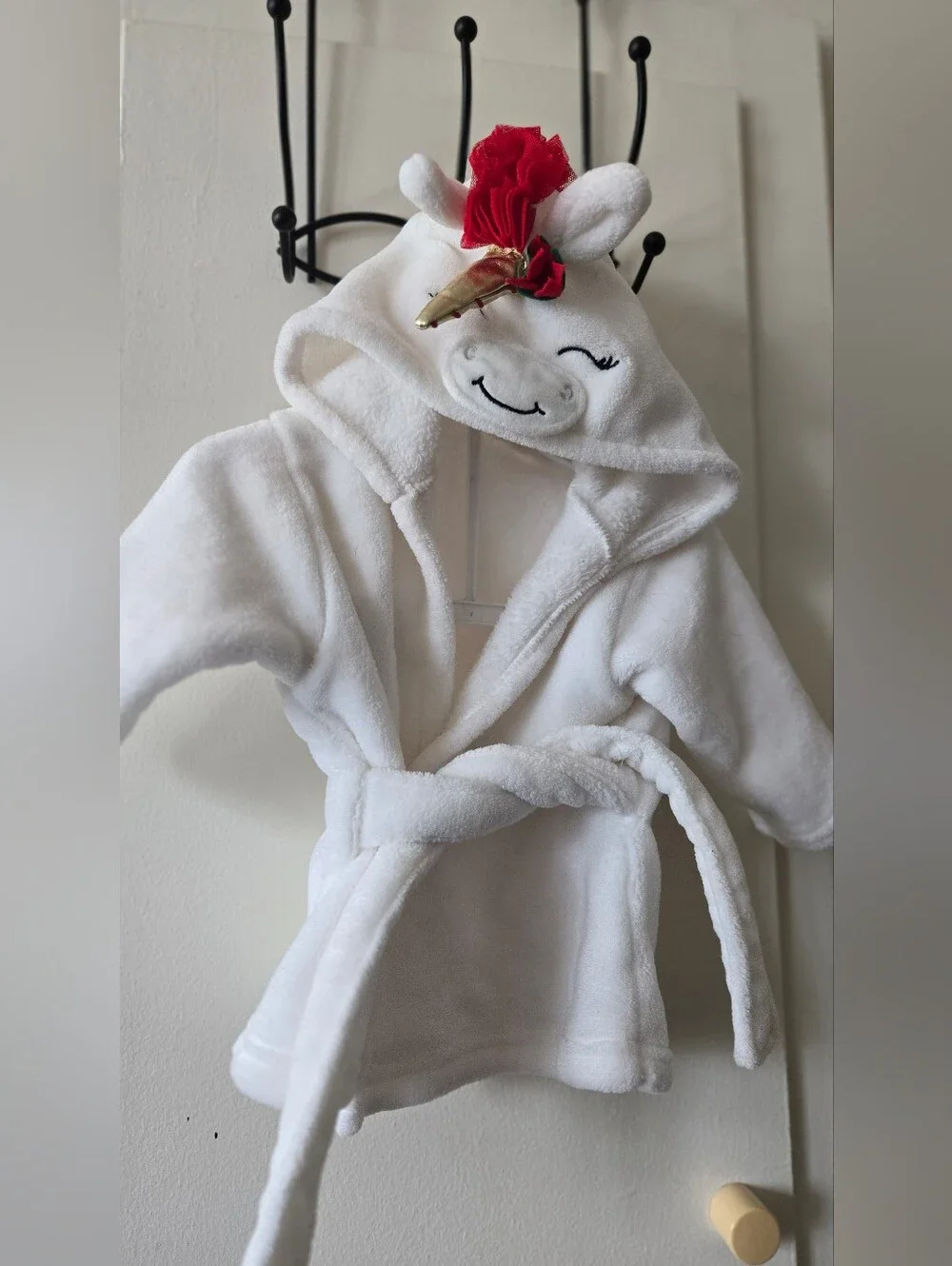 *3/$20 Hudson Baby White Unicorn Hooded Robe with Red Flower